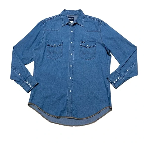 Wrangler Pearl Snap Button Down Long Sleeve Shirt Men’s L Blue Jean Casual Denim - Picture 1 of 10